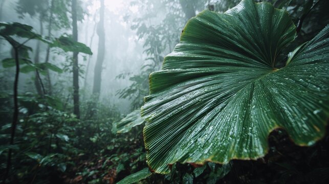 Large leaf in a swamp forest, with high humidity and low-lying fog, emerald green color, Misty jungle scene. 