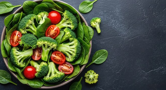 A fresh healthy salad featuring vibrant green broccoli florets, juicy red cherry tomatoes, and baby spinach leaves on a dark stone surface, black, organic, vegan