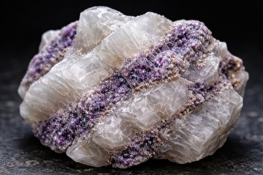 Natural albite mineral sample with visible lepidolite veins