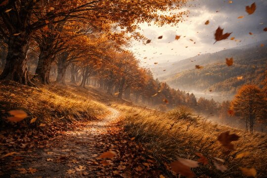 Animated autumn landscape featuring windy conditions and scattered leaves