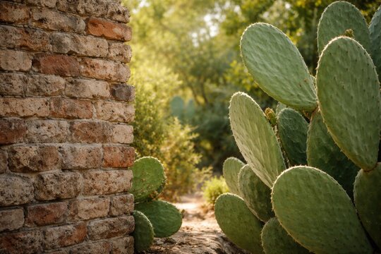 Textured brick wall with large cactus leaves in natural background with copy space