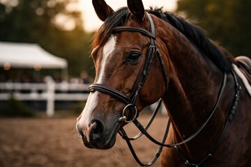 Obraz premium Focused horse head shot before a horse riding training event