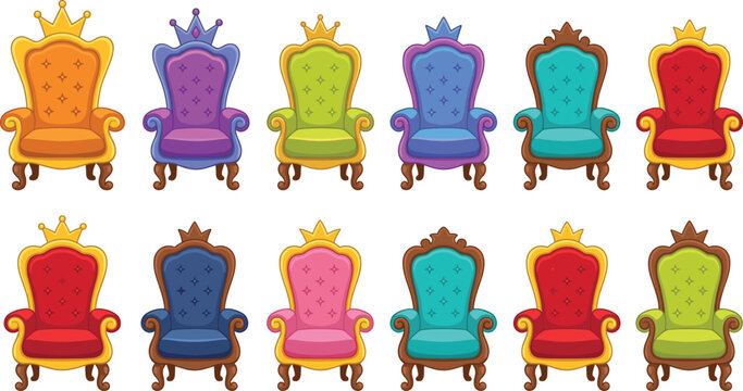 Colorful Royal Throne Chair Set with Crown Decoration in Various Colors for King, Queen, Fantasy, and Game Design Projects