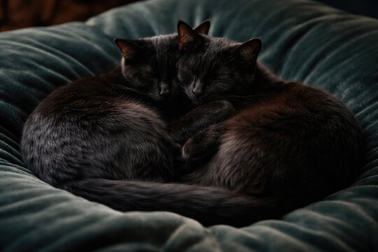 Two black cats curled up together on a soft velvet pillow