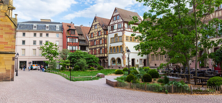 Panorama of historic house at the church square in Colmar, France