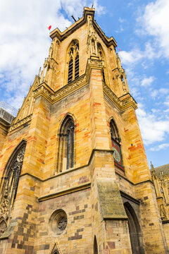 Tower of the historic St. Martin cathedral in Colmar, France