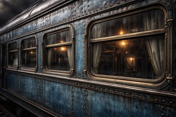 Obraz premium Zoomed view of vintage railway coach with riveted steel exterior and complex window trim in blue patina