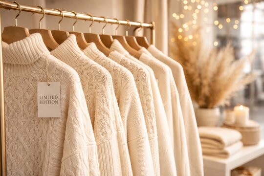 Limited edition creamy white winter sweaters hanging in retail setting with empty copy space