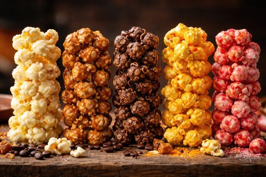 Stacked popcorn kernels with diverse flavors such as original and coffee arranged in a line