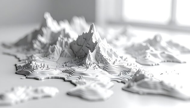 abstract topographical 3d map in monochrome, detailed terrain with peaks and valleys, representing data landscape or digital modeling