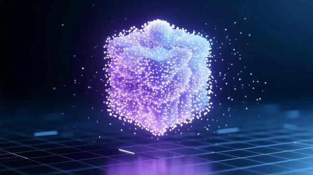 Dynamic 3D render of glowing data cube transforming from cloud particles in dark digital space symbolizing Innovation ecosystem driving Startup Success