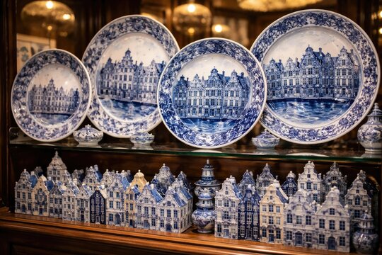 Showcase presenting Delft blue porcelain plates with detailed miniature houses