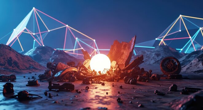 Abstract digital art features a luminous sphere over rusty debris in a vibrant lunarpunk landscape with solarized geometric connectivity, structure, innovation, master