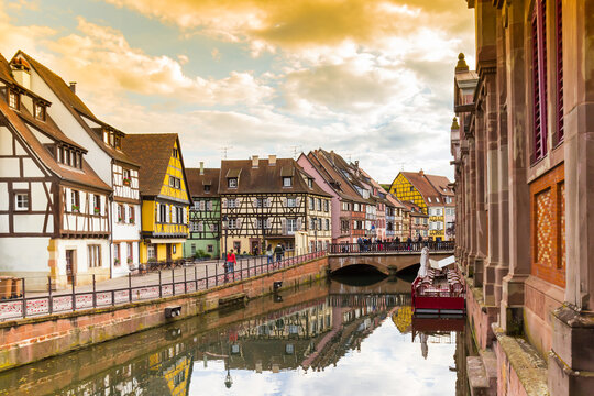 Colorful sunset sky over Little Venice in Colmar, France
