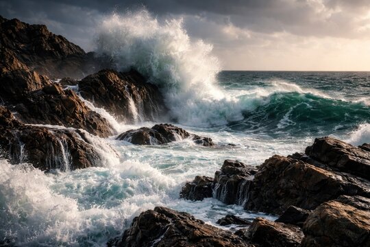 Strong waves colliding with uneven rocky seashore