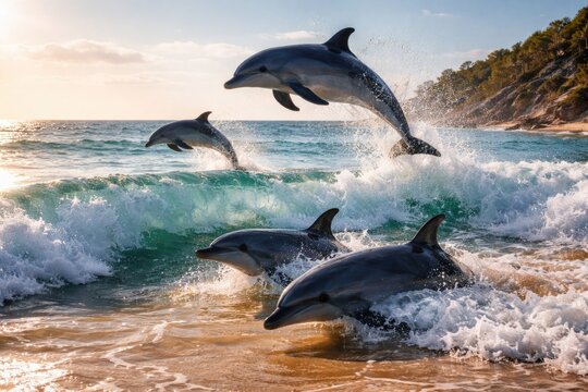 Dolphins frolicking along the ocean edge