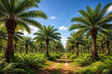 Fototapeta premium Palm oil plantation thriving with healthy palms beneath a vibrant blue sky