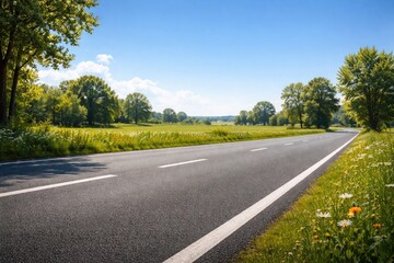 Fototapeta premium Summer day scene with asphalt road side view and generous copy space for text