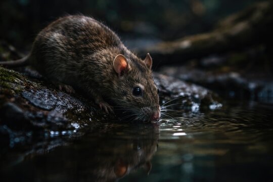 Wildlife scene of brown rat drinking at night near water