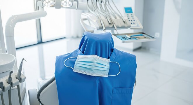 Divisa sanitaria e mascherina su una poltrona odontoiatrica professionale in uno studio clinico luminoso dotato di attrezzature moderne, endodonzia, controllo, dentale