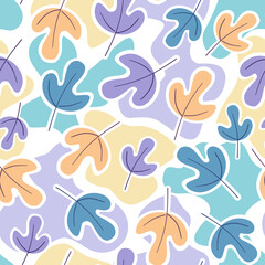 Naklejka premium Seamless floral pattern with blue, purple and orange leaves on bright background. Could be used as wallpaper, texture, print, fabric. 