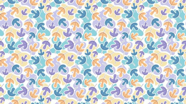 Video of seamless floral pattern with blue, purple and orange leaves on bright background. Could be used as wallpaper or background for any content, loops continuously. 