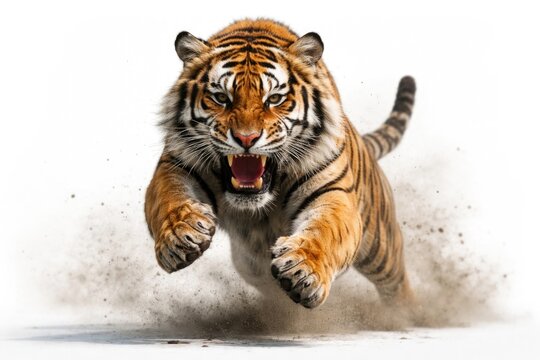 Wild big cat tiger springing forward on white isolated space
