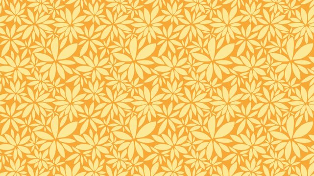 Video of seamless floral pattern with yellow flowers and leaves shapes on orange background. Could be used as wallpaper or background for any content, loops continuously. 