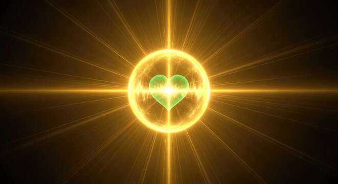 Ethereal golden beams radiating from a central point of light to symbolize a spiritual healing session focused on heart chakra restoration, subtle, serenity, consciousness