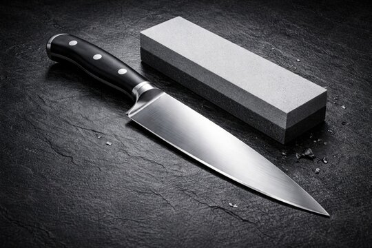 Stainless steel kitchen knife with sharpening stone on dark slate background