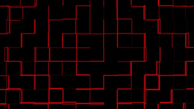 Red glowing grid of 3D cubes shifts dynamically with light pulses on a black background.