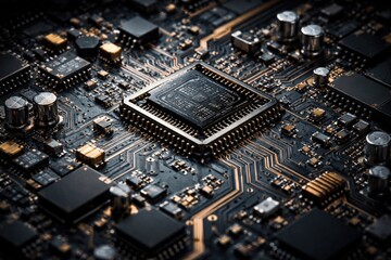 Fototapeta premium Tight frame of detailed microchips and conductors on a circuit panel