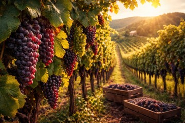 Naklejka premium Vibrant vineyard scenes with ripe grapes ready for harvest