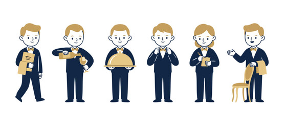 Fototapeta premium Waiter character set restaurant service icons, tuxedo professional staff poses including pouring wine, holding tray, taking order and hospitality management, flat vector illustration for dining concep