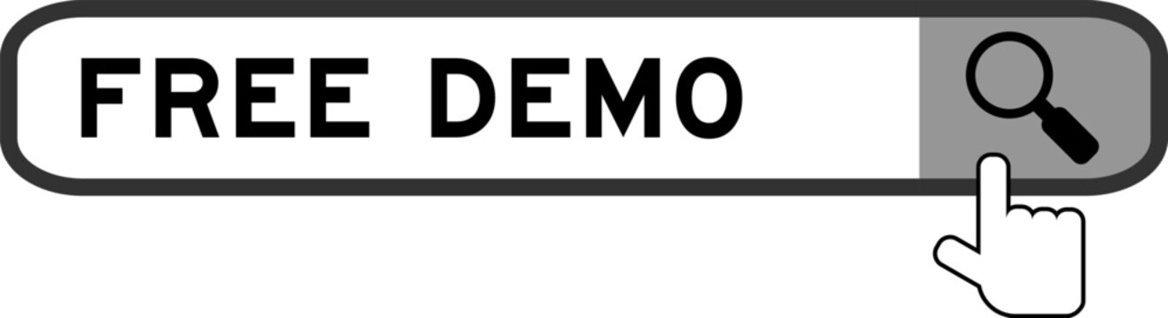 Search banner in word free demo with hand over magnifier icon on white background