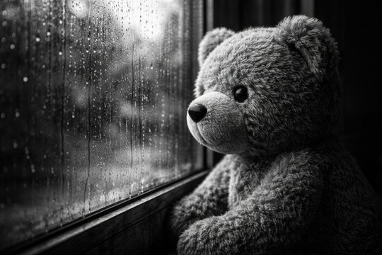 Monochrome portrait of a plush bear gazing outside on a wet day capturing themes of absence