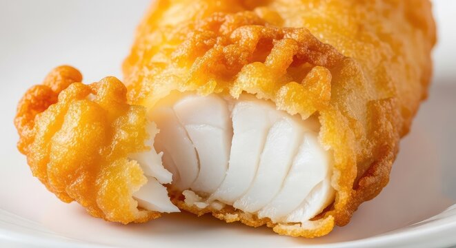Macro view of a crispy golden battered cod fillet, showcasing the flaky white fish and its perfectly crunchy deep fried texture on a plate, texture, cooked, traditional