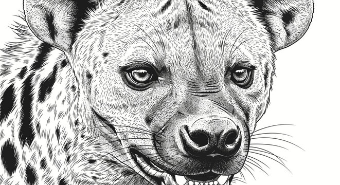 Highly detailed black and white engraving style illustration of a wild spotted hyena's powerful face and intense gaze.