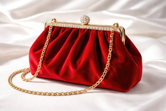 vibrant red velvet evening bag placed on a crisp white backdrop