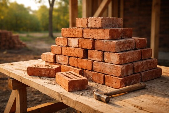 red bricks stacked in a pile on a natural wood table