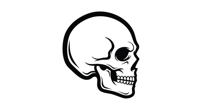 A stylized skull side line art illustration in black and white with bold lines