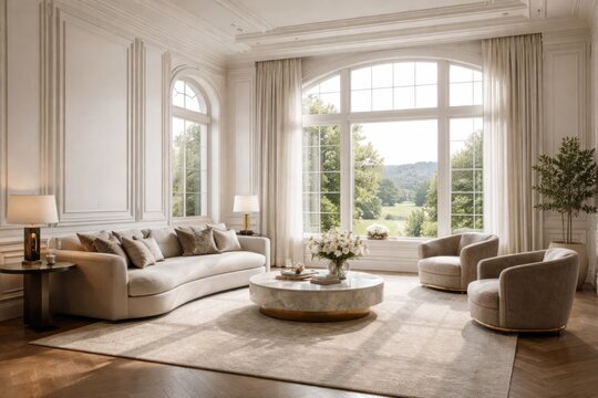 Refined modern luxury interior with classic panel walls and wide white windows overlooking nature for backdrop