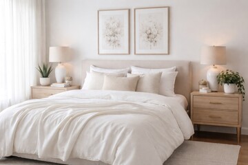 Fototapeta premium White blanket covered bed with pillows and stylish bedside tables featuring decorative potted plants