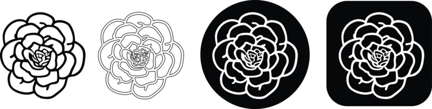 Stylized rose flower set black and white outline and solid fill variations