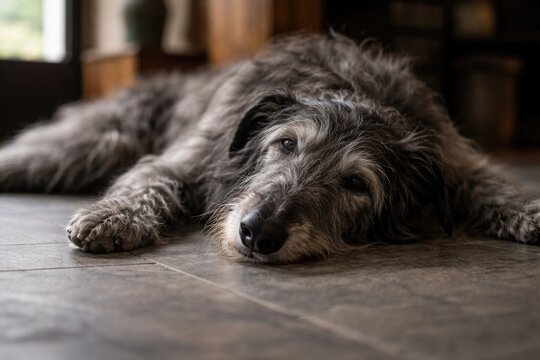 Scottish deerhound with a sleepy expression relaxing on smooth indoor stone floor
