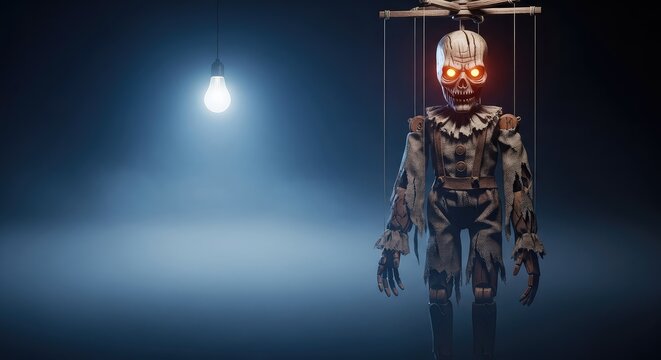 Terrifying undead marionettes with tattered clothes and glowing eyes hanging in a dark, foggy room, creating a creepy Halloween atmosphere, shadow, prop, macabre