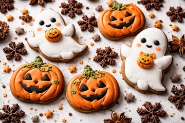 Naklejka premium Decorative Halloween gingerbread cookies shaped like ghosts and pumpkins with chocolate snowflakes on white backdrop
