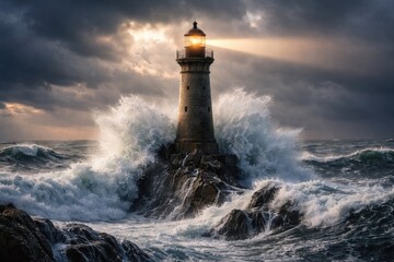 Obraz premium Robust lighthouse standing firm amid crashing ocean waves