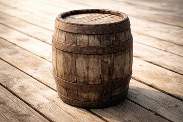 Naklejka premium weathered wooden barrel set on matte wooden planks with high key lighting