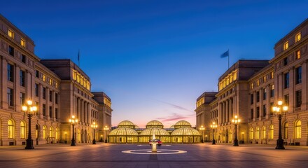 Fototapeta premium Wide urban plaza featuring grand stone buildings with symmetrical architecture, glowing street lamps, and decorative circular glass domes, building, space, stairs